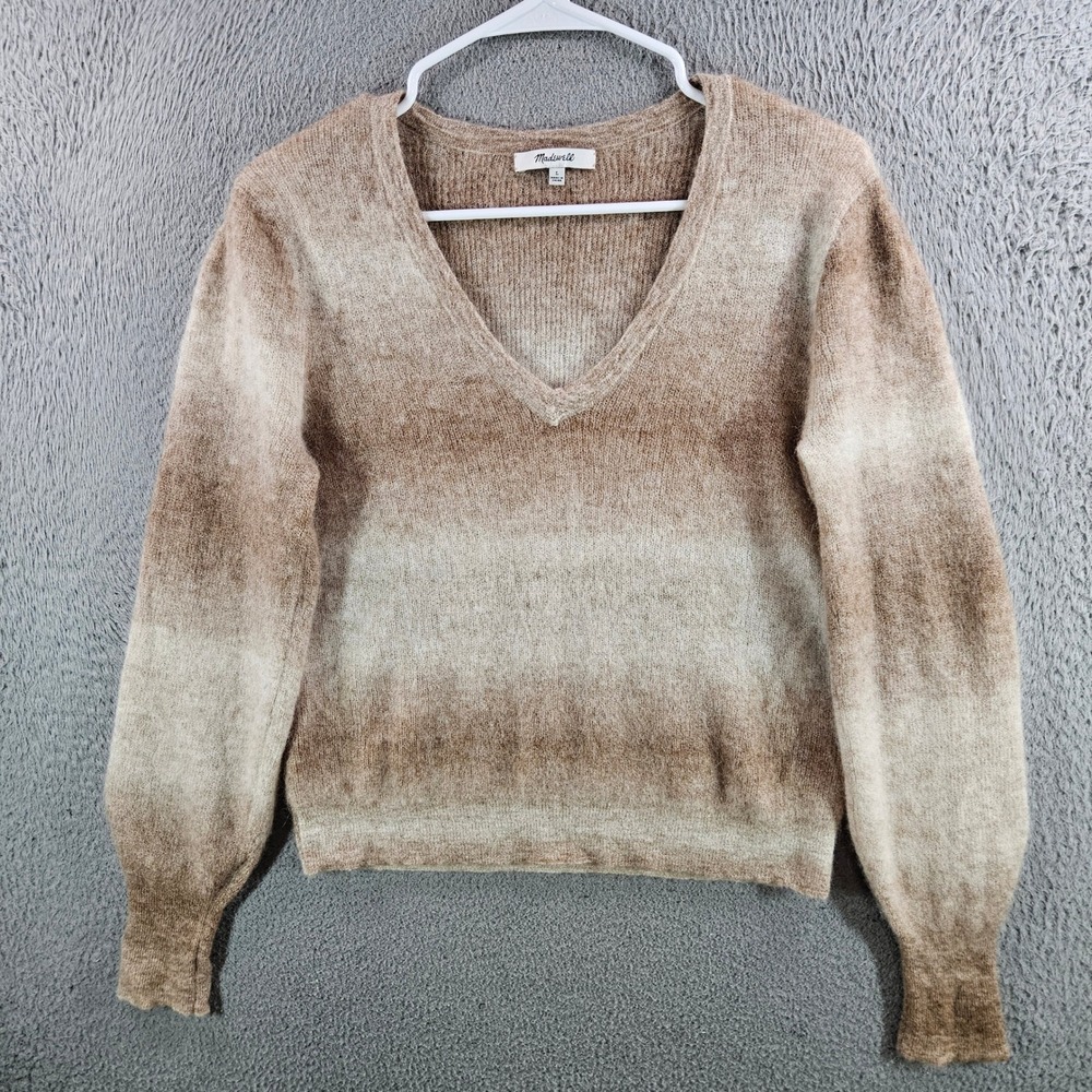 Madewell Womens V-Neck Ombre Gradient Fuzzy Knit Sweater Tan Brown Size L